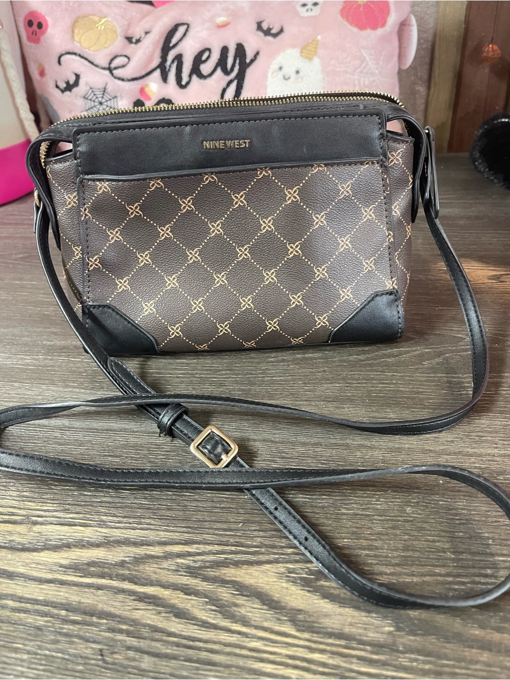 Nine West Brown Patterned Crossbody with Black Trim